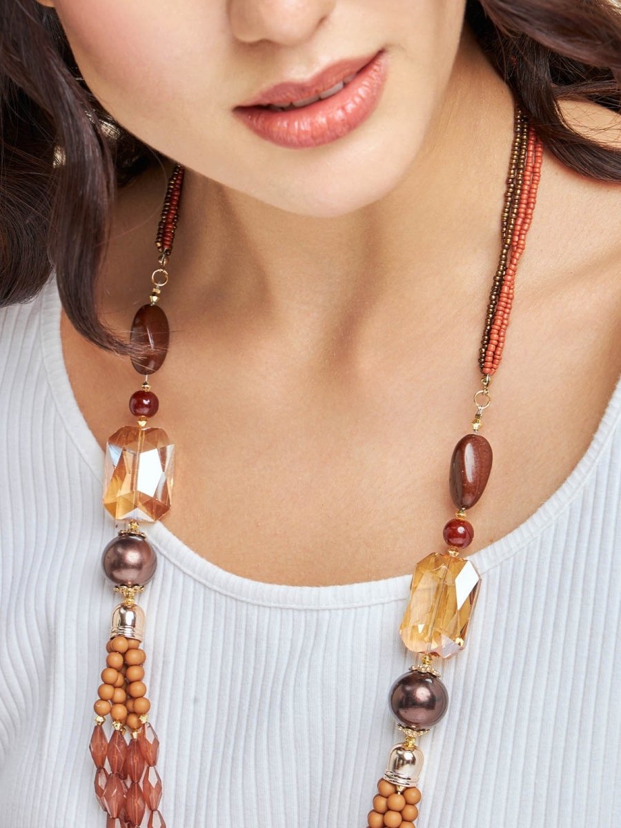 Beruzu - Sandalwood Symphony Multithreaded Long Necklace with Earthy Brown Beads - Beruzu Fashion
