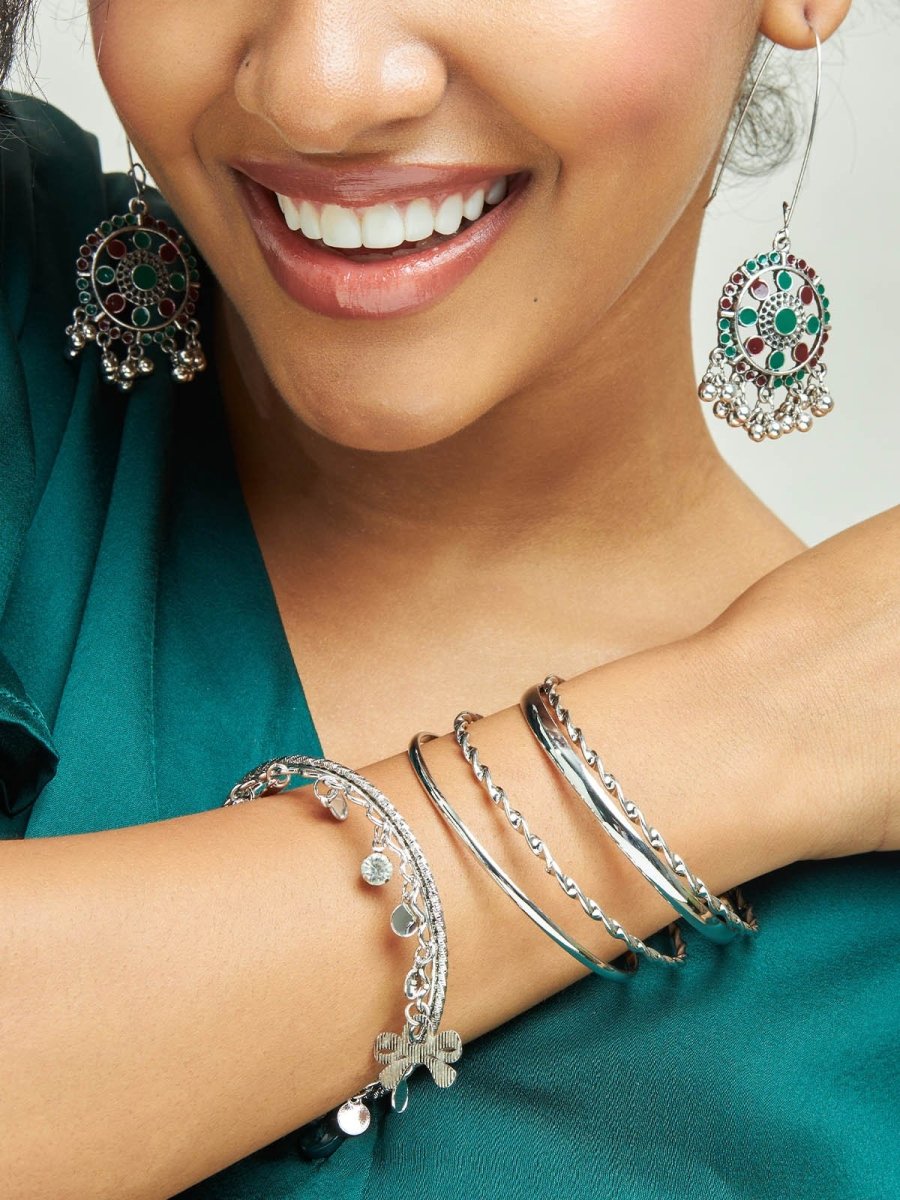 Beruzu - Silver Elegance Bangle Collection with Vibrant Enamel Wave Detail - Beruzu Fashion