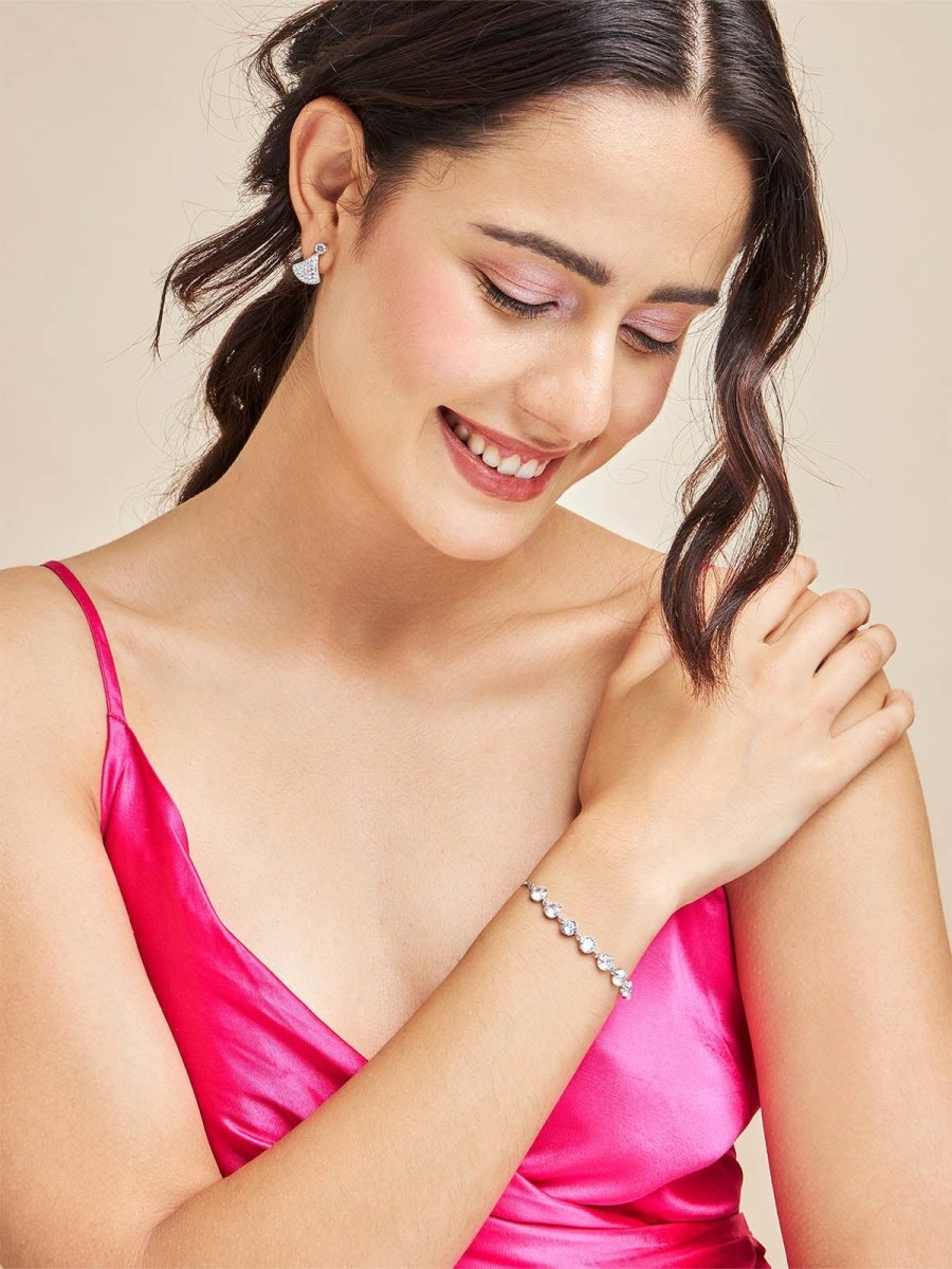 Beruzu - Silver Finish Bracelet with Embossed Circular Crystal Accents