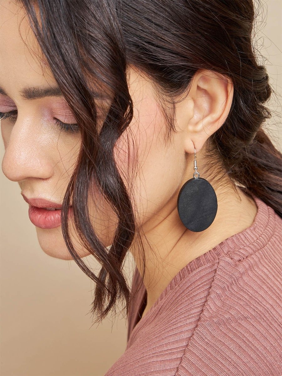 Beruzu - Silver Finish Earrings with Large Black Oval Stone