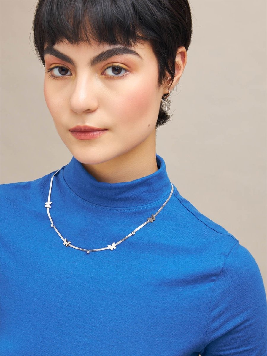 Beruzu - Silver Finish Necklace with Butterfly Charms and Crystal Accents