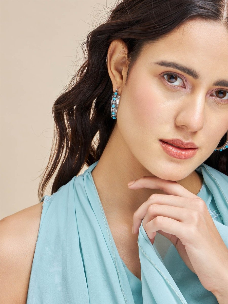 Beruzu - Silver Floral and Crystal Bead Hoop Earrings in Blue and Black Variants - Beruzu Fashion