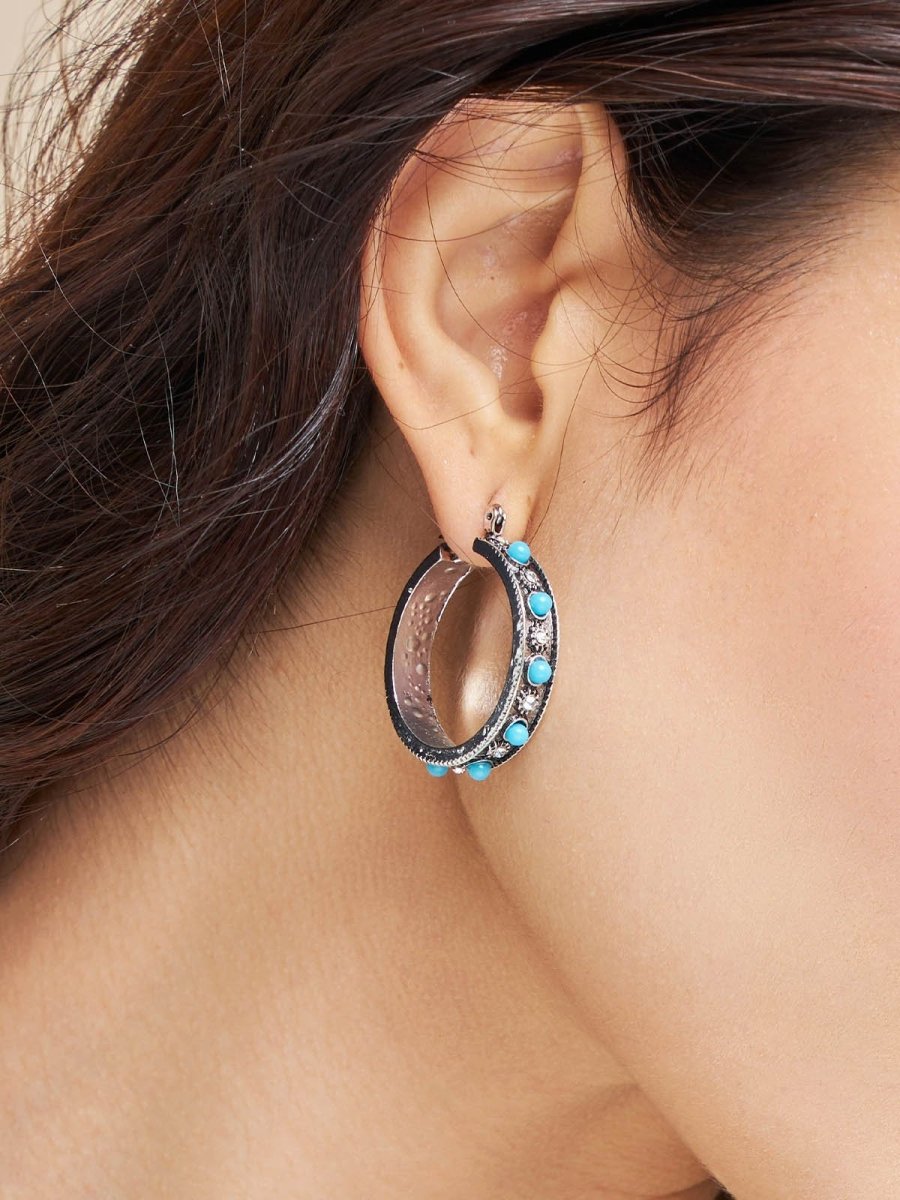 Beruzu - Silver Floral and Crystal Bead Hoop Earrings in Blue and Black Variants - Beruzu Fashion