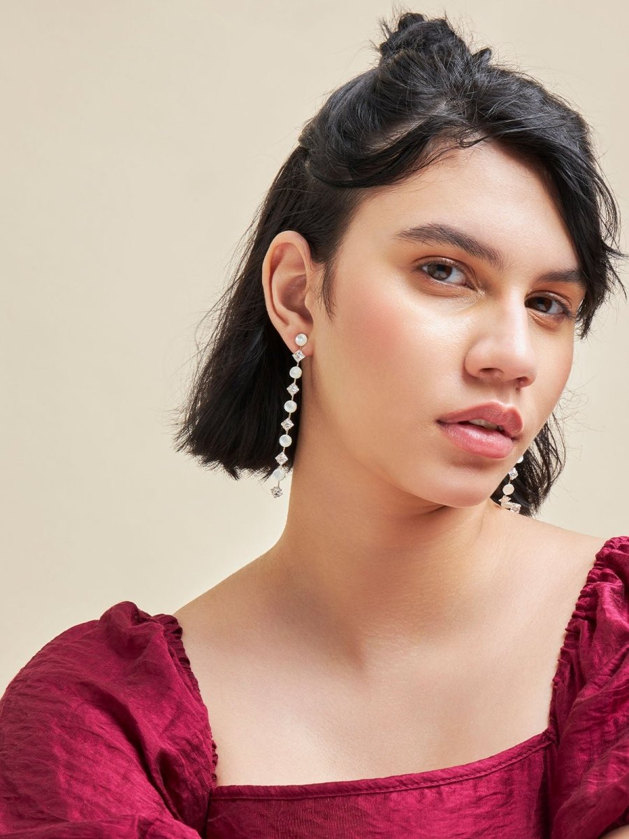 Beruzu - Silver Linear Earrings with Pearl and Crystal Geometric Accents