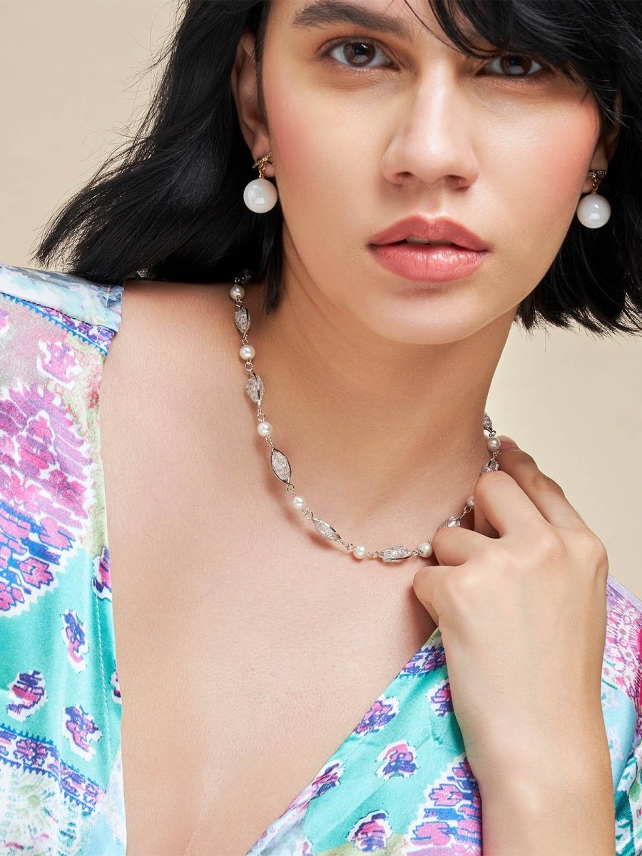 Beruzu - Silver Splendor Necklace with Pearls and Crystal-Embedded Eye Beads - Beruzu Fashion