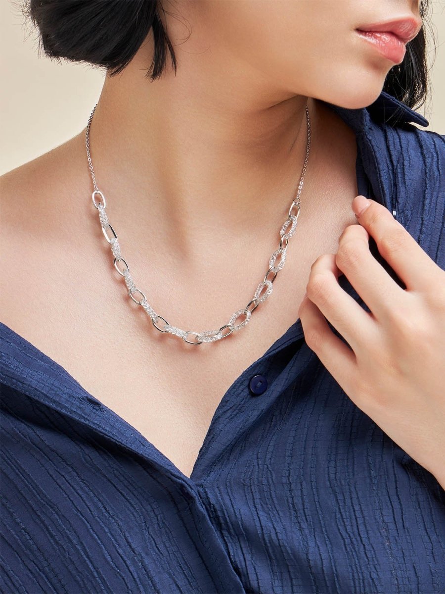 Beruzu - Silver Symphony Necklace with Alternating Solid and Crystal Mesh Hoops - Beruzu Fashion