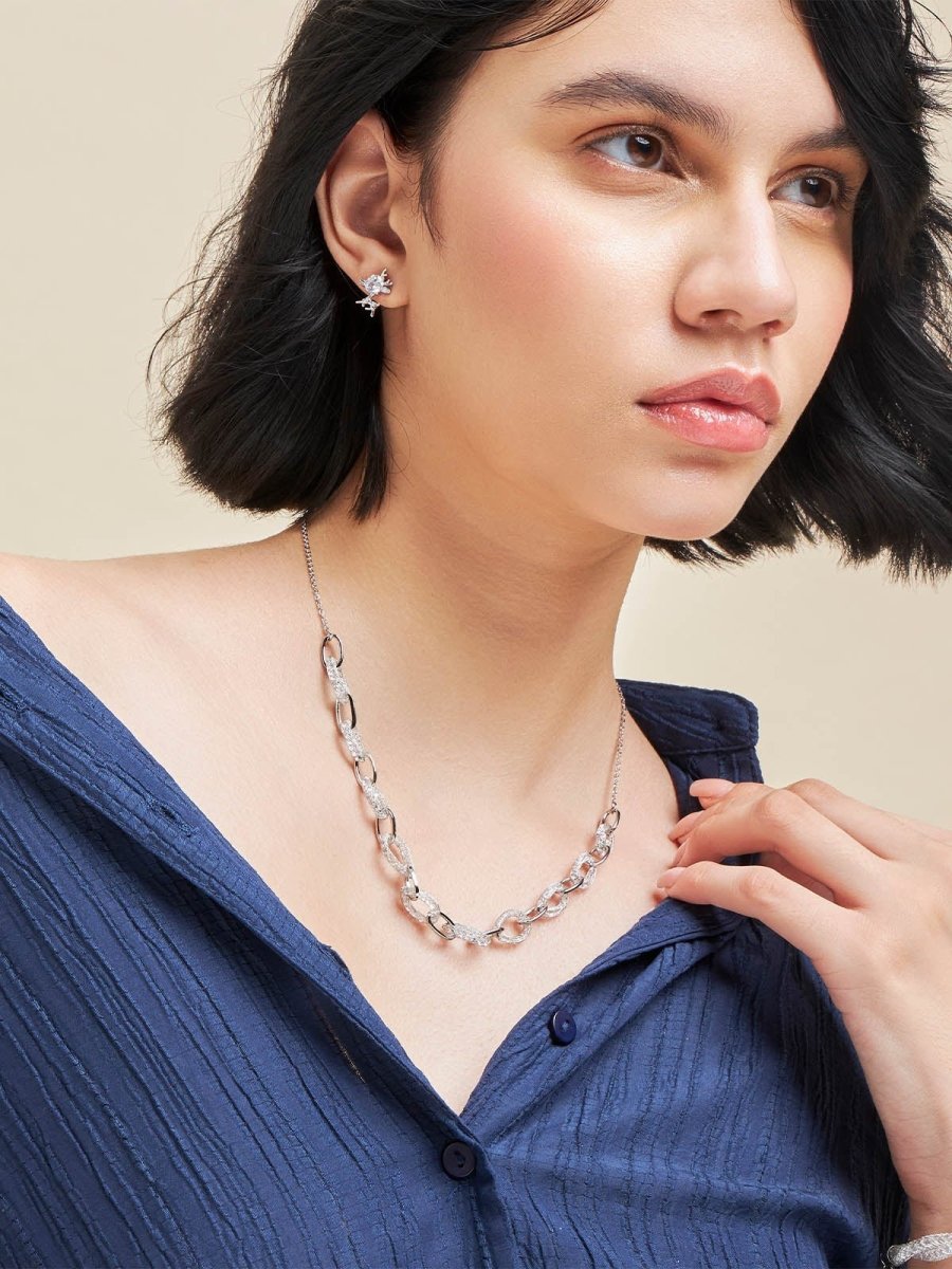 Beruzu - Silver Symphony Necklace with Alternating Solid and Crystal Mesh Hoops - Beruzu Fashion