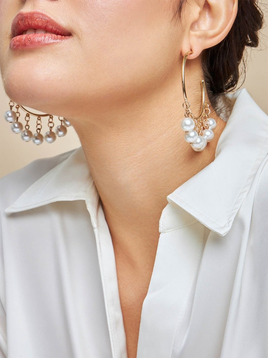 Beruzu - Sophisticated Gold-Tone Steel Hoop Earrings with Cascading White Pearls - Beruzu Fashion