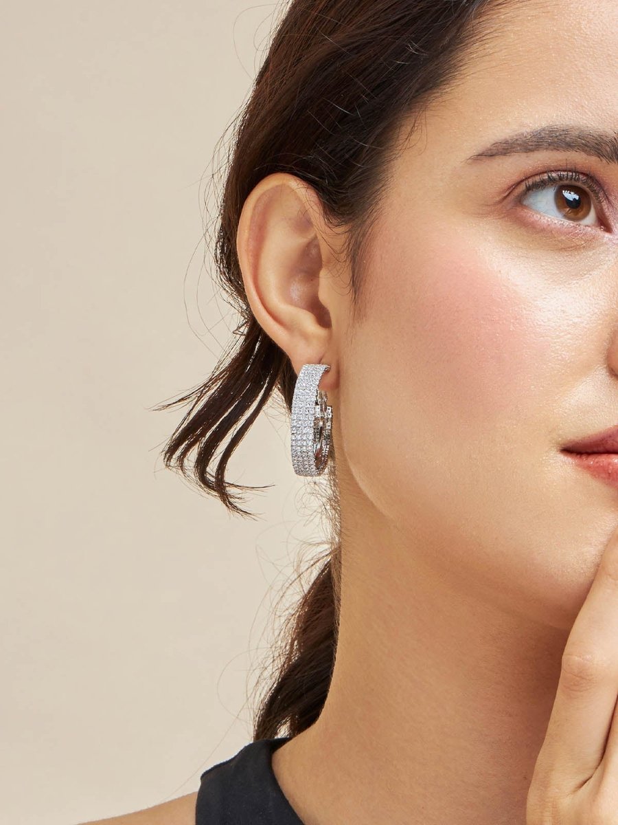 Beruzu - Sparkling Crystal Line Hoop Earrings in Silver and Gold Finish - Beruzu Fashion