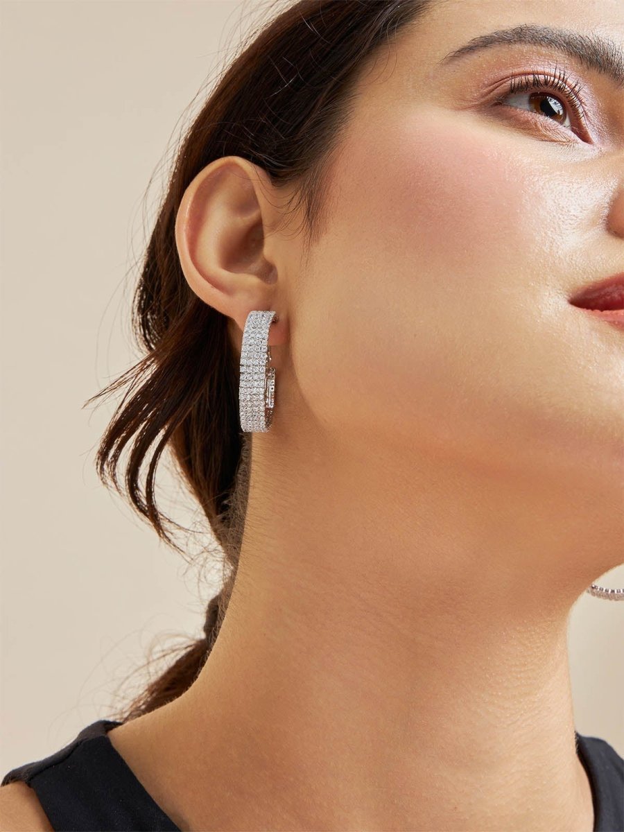 Beruzu - Sparkling Crystal Line Hoop Earrings in Silver and Gold Finish - Beruzu Fashion
