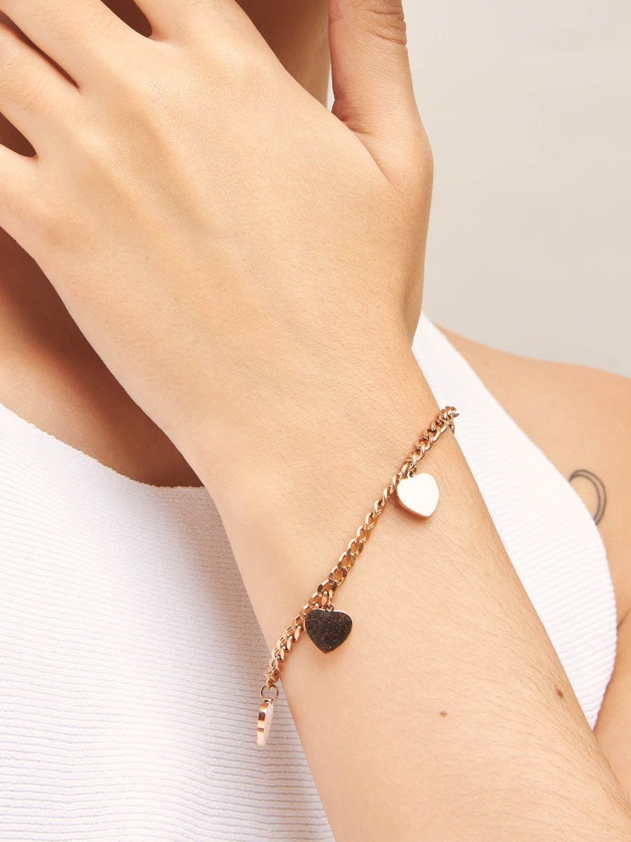 Beruzu - Trendy Rose Gold Plated Bracelet with Heart Charms - Beruzu Fashion