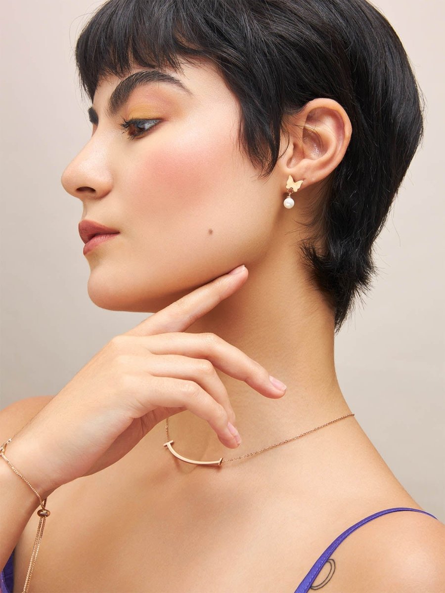 Beruzu - Gold Plated Earring Trio Combo Set: Heart, Diamond Stud, and Butterfly-Pearl Designs - Beruzu Fashion