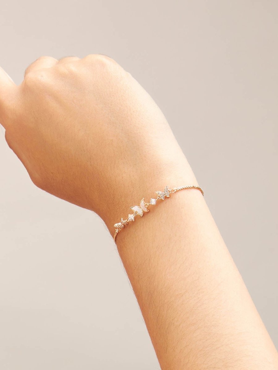 Beruzu - Triple Butterfly Bracelet in Gold and Rose Gold with Crystal and Enamel Accents - Beruzu Fashion
