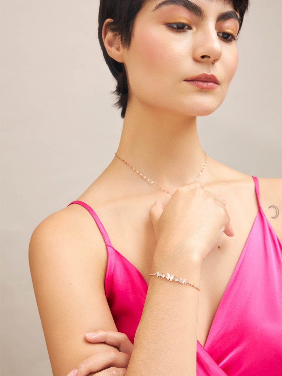 Beruzu - Triple Butterfly Bracelet in Gold and Rose Gold with Crystal and Enamel Accents - Beruzu Fashion