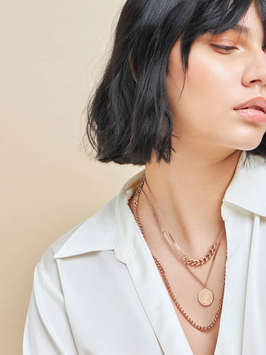 Beruzu - Triple Layered Rose Gold Chain with Circular Pendant
