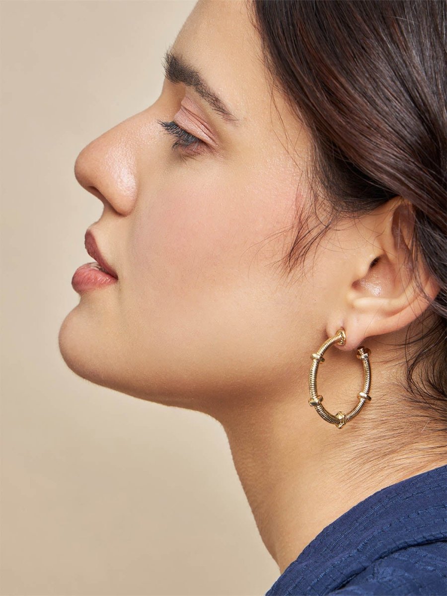 Beruzu - Unique Spring Hoop Earrings with Gold-Plated Nut Accents - Beruzu Fashion