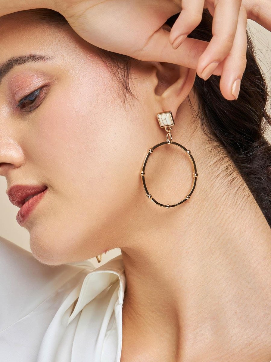 Beruzu - Western Elegance Marble-Accent Hoop Earrings in Gold with Black or White Options - Beruzu Fashion