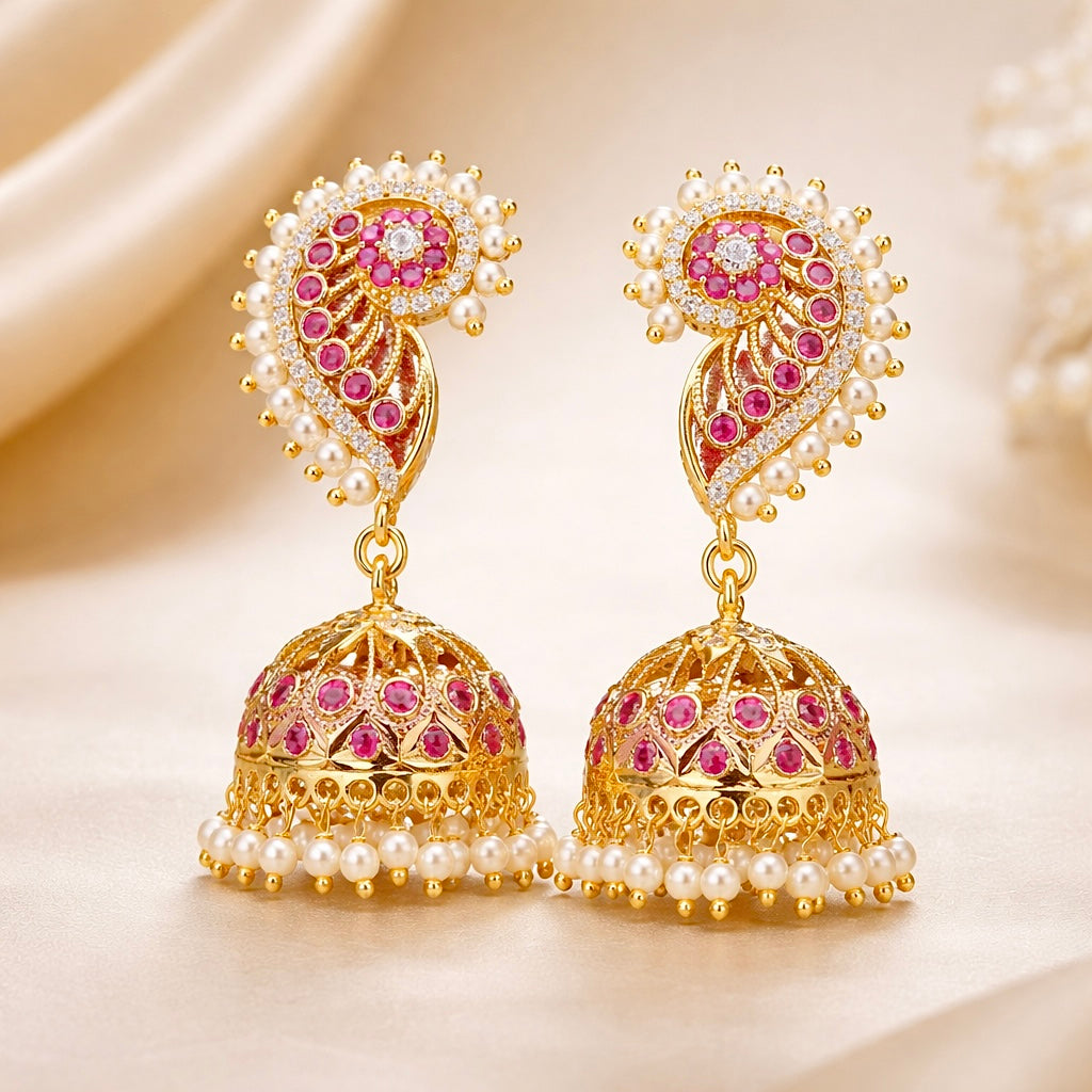Beruzu - Indian Royal Paisley Ruby and Pearl Jhumka Earrings