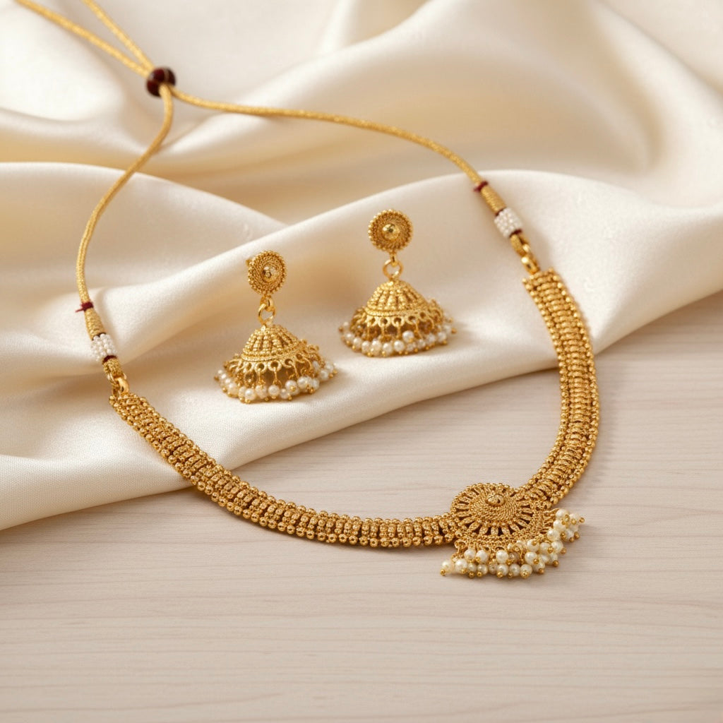 Beruzu - Antique Classic Gold Pearl Necklace Set with Jhumka Earring