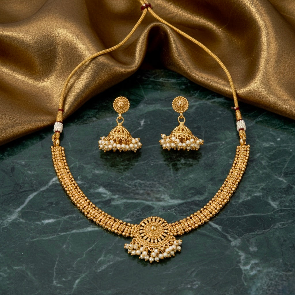 Beruzu - Antique Classic Gold Pearl Necklace Set with Jhumka Earring