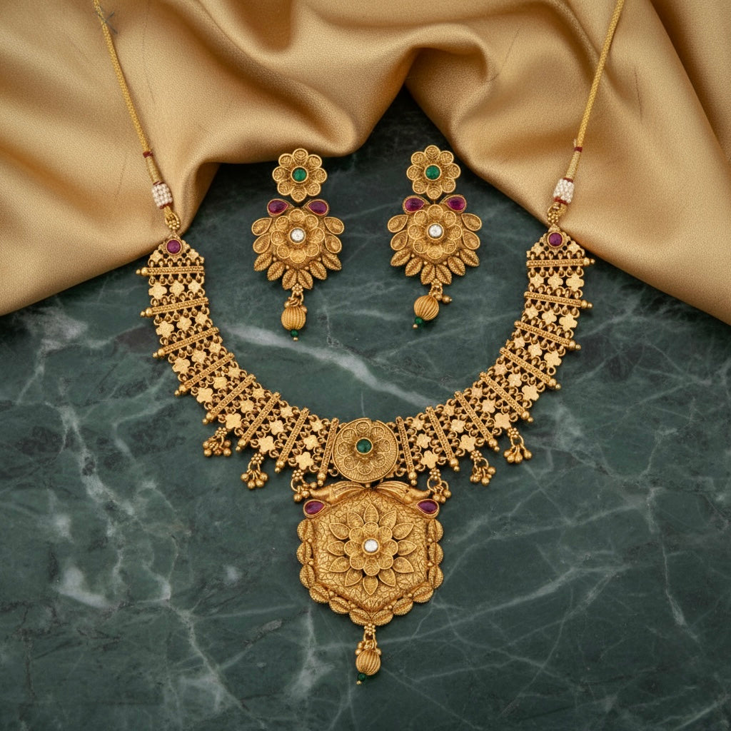 Beruzu - Antique Gold Floral Ruby Green Choker Set with Earrings