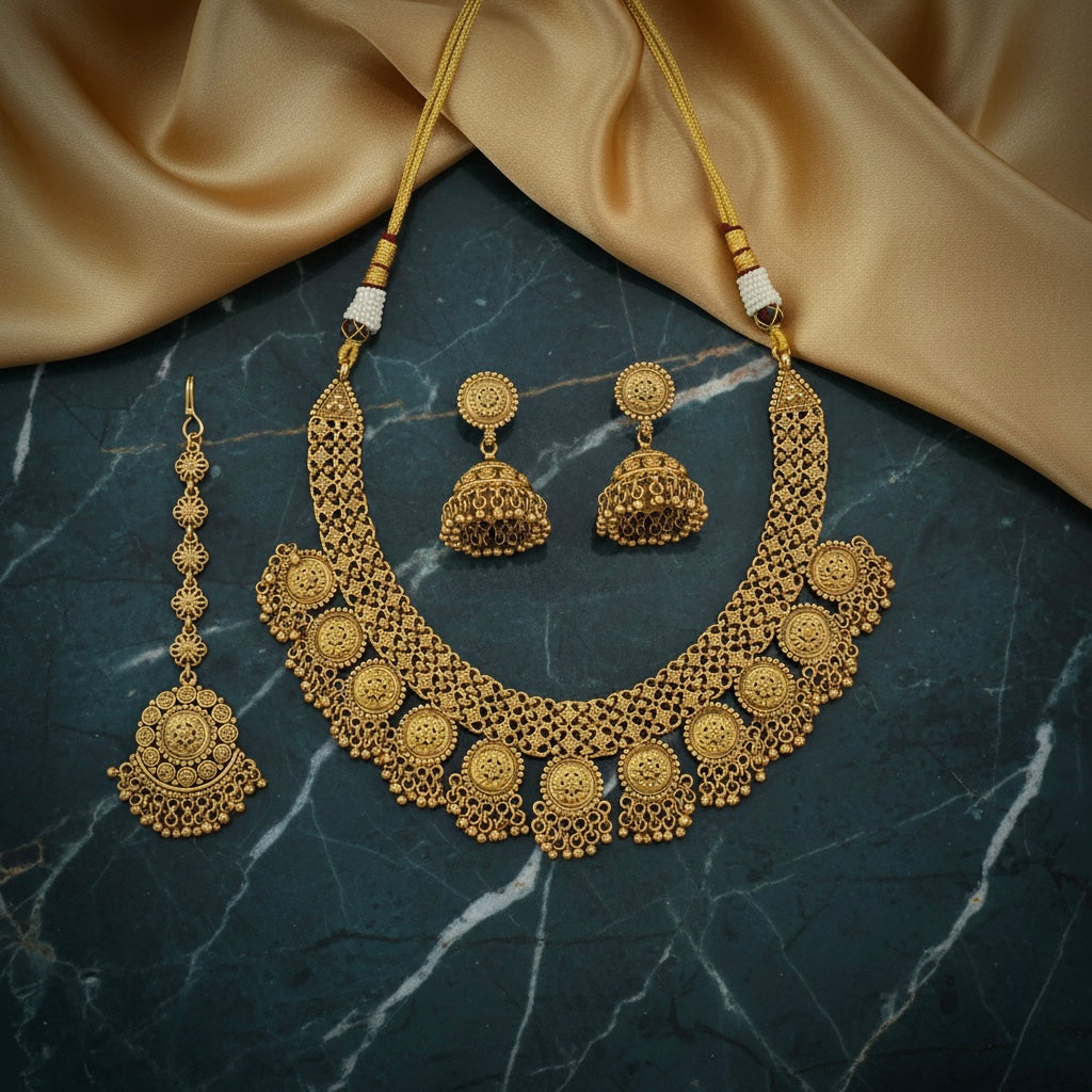 Beruzu - Antique Matte Gold Necklace Set with Jhumka