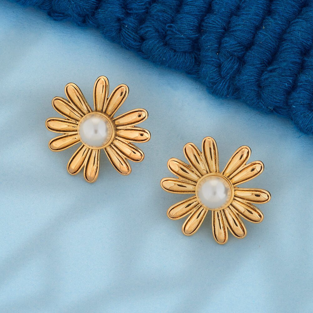 18k Gold PlatedFloral Stud Earrings Lustrous Pearl - Beruzu