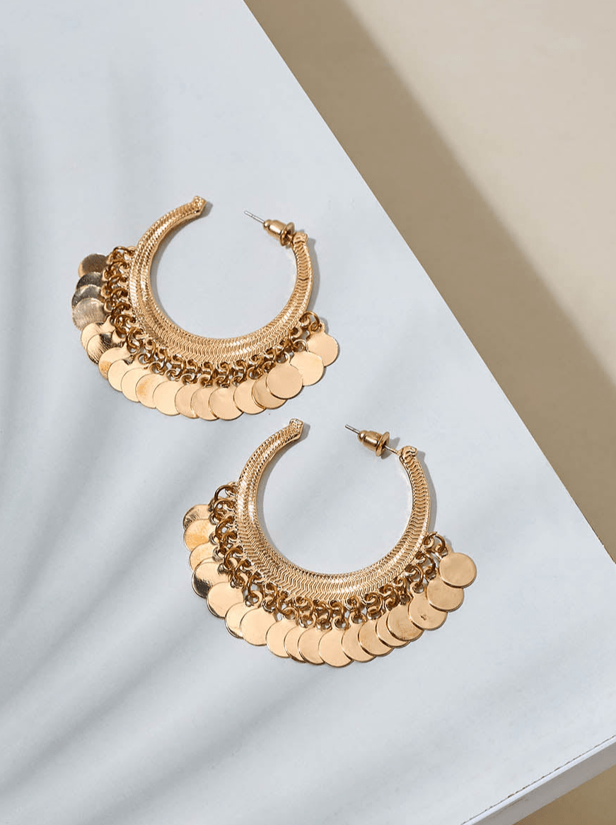 Beruzu - Gold Plated Hoop Earrings with Graduated Design and Circular Plate Charms