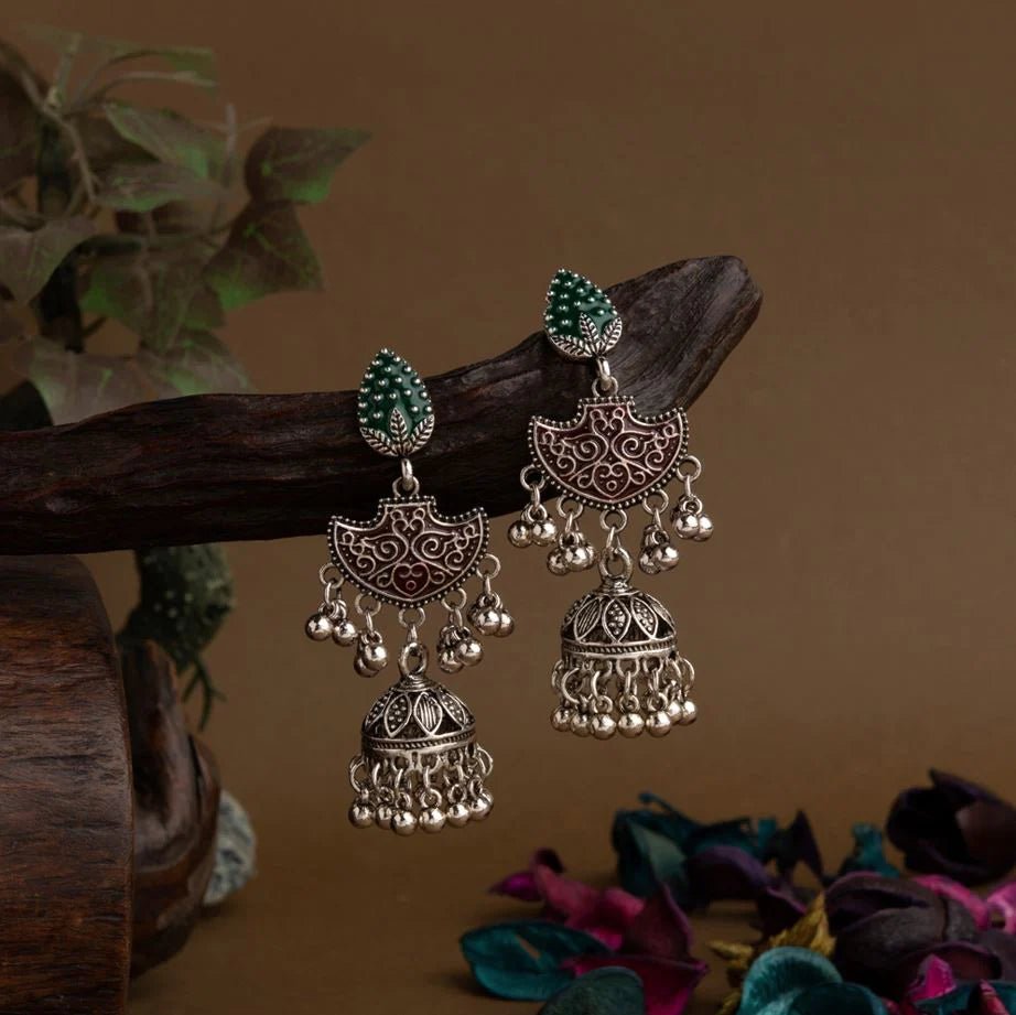 Beruzu - Antique Enamel Jhumki Earrings with Contrasting Floral Accents in Green and Red