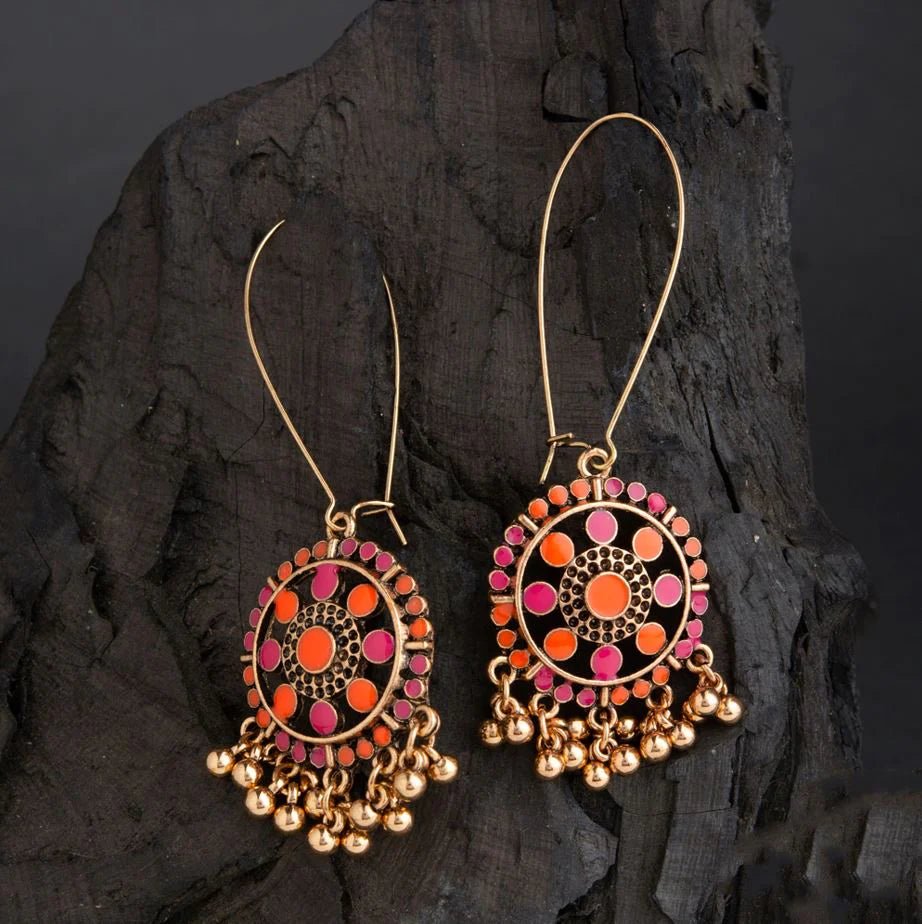 Beruzu - Golden Elegance Rangoli Drop Earrings with Dual-Color Enamel Accents