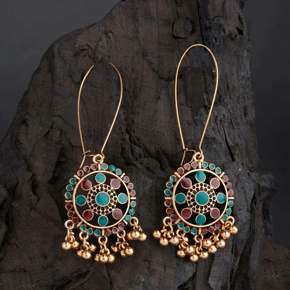 Beruzu - Golden Elegance Rangoli Drop Earrings with Dual-Color Enamel Accents