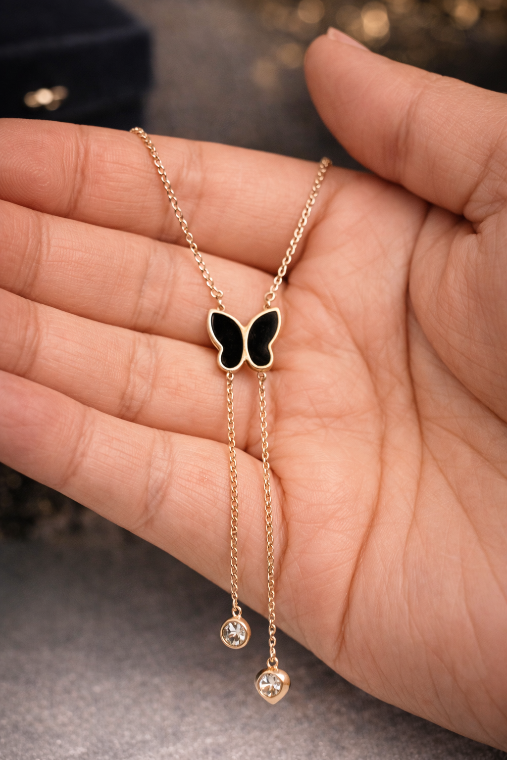 Beruzu - Butterfly Drop Necklace with Crystal Accents – Gold Tone