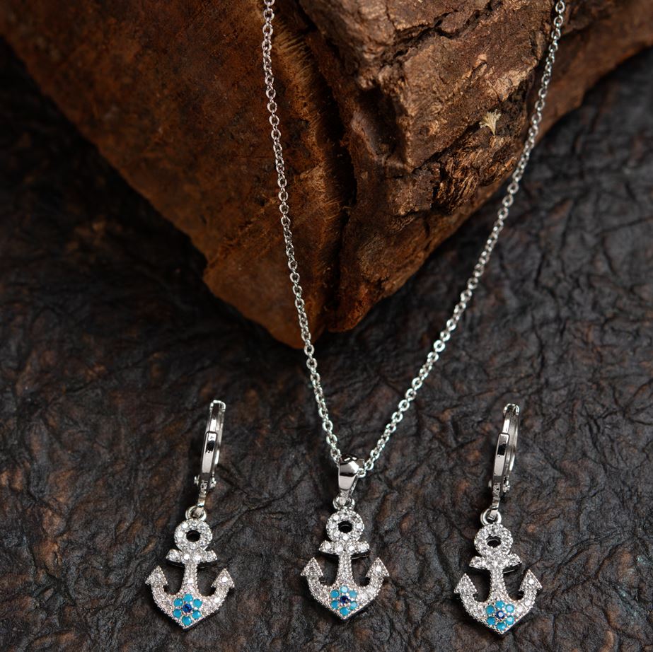 Nautical Brilliance Anchor Pendant Set with Crystal and Blue Stone Accents