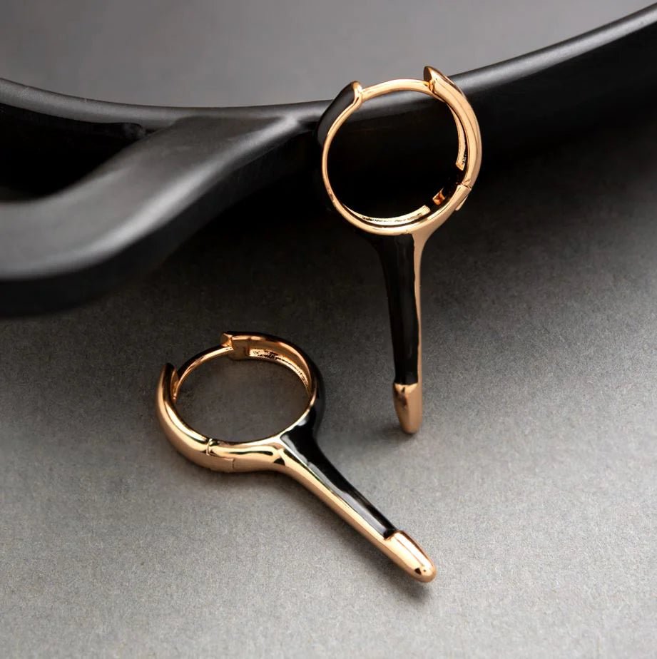 Beruzu - Golden Key Earrings with Asymmetrical Black Enamel Accent