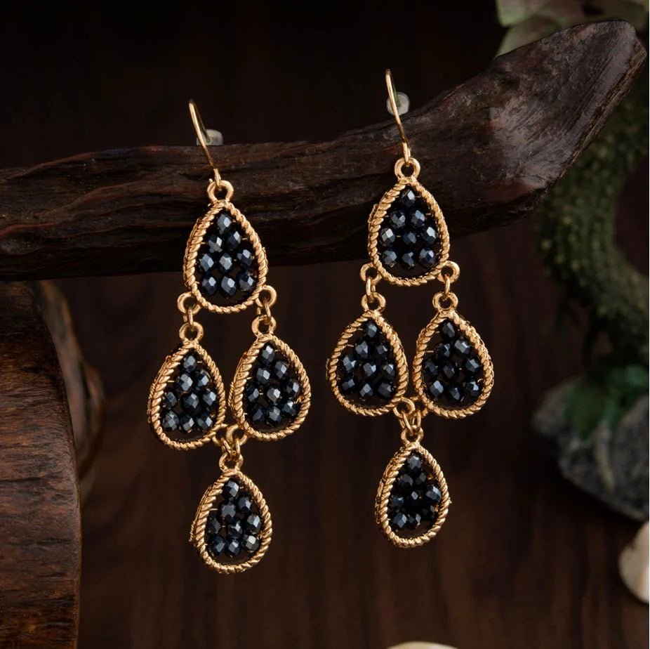 Beruzu - Indo-Western Cascading Water Drop Earrings with Twisted Gold Wires and Beads in Black or Red