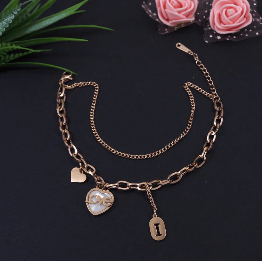 Beruzu - Rose Gold Plated Dual Chain Love Bracelet with Charms