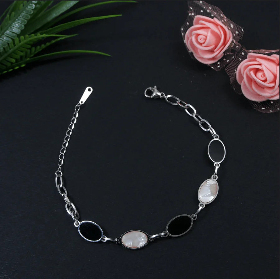 Beruzu - Silver Finish Bracelet with Enamel-Inlaid Oval Links