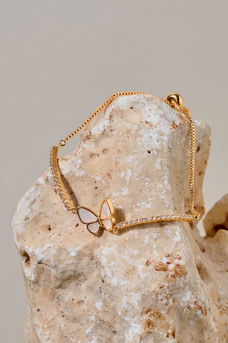 Beruzu - Adjustable Butterfly Pendant Bracelet with Crystal Accents in Gold and Rose Gold