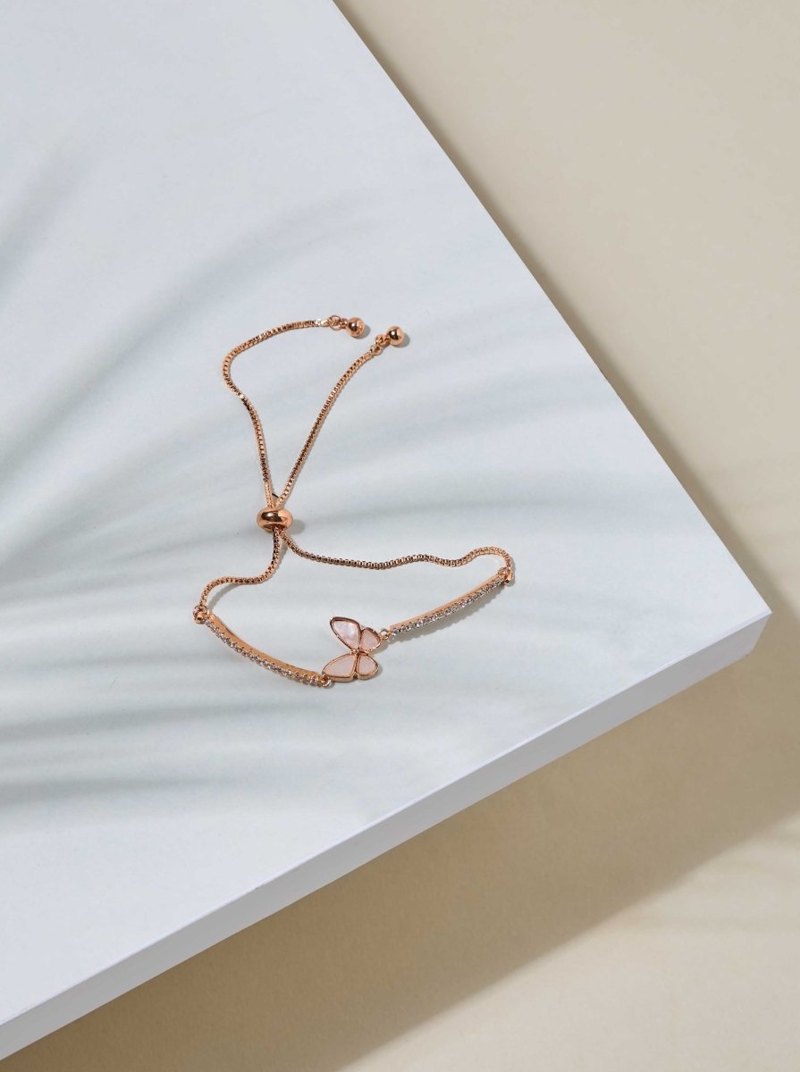 Beruzu - Adjustable Butterfly Pendant Bracelet with Crystal Accents in Gold and Rose Gold