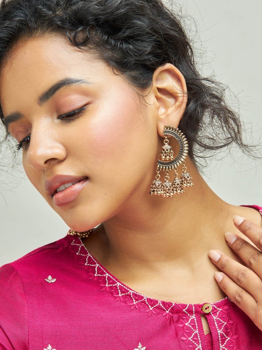 Beruzu - Antique Elegance Floral Half-Circle Jhumki Earrings in Gold and Silver Finish - Beruzu Fashion