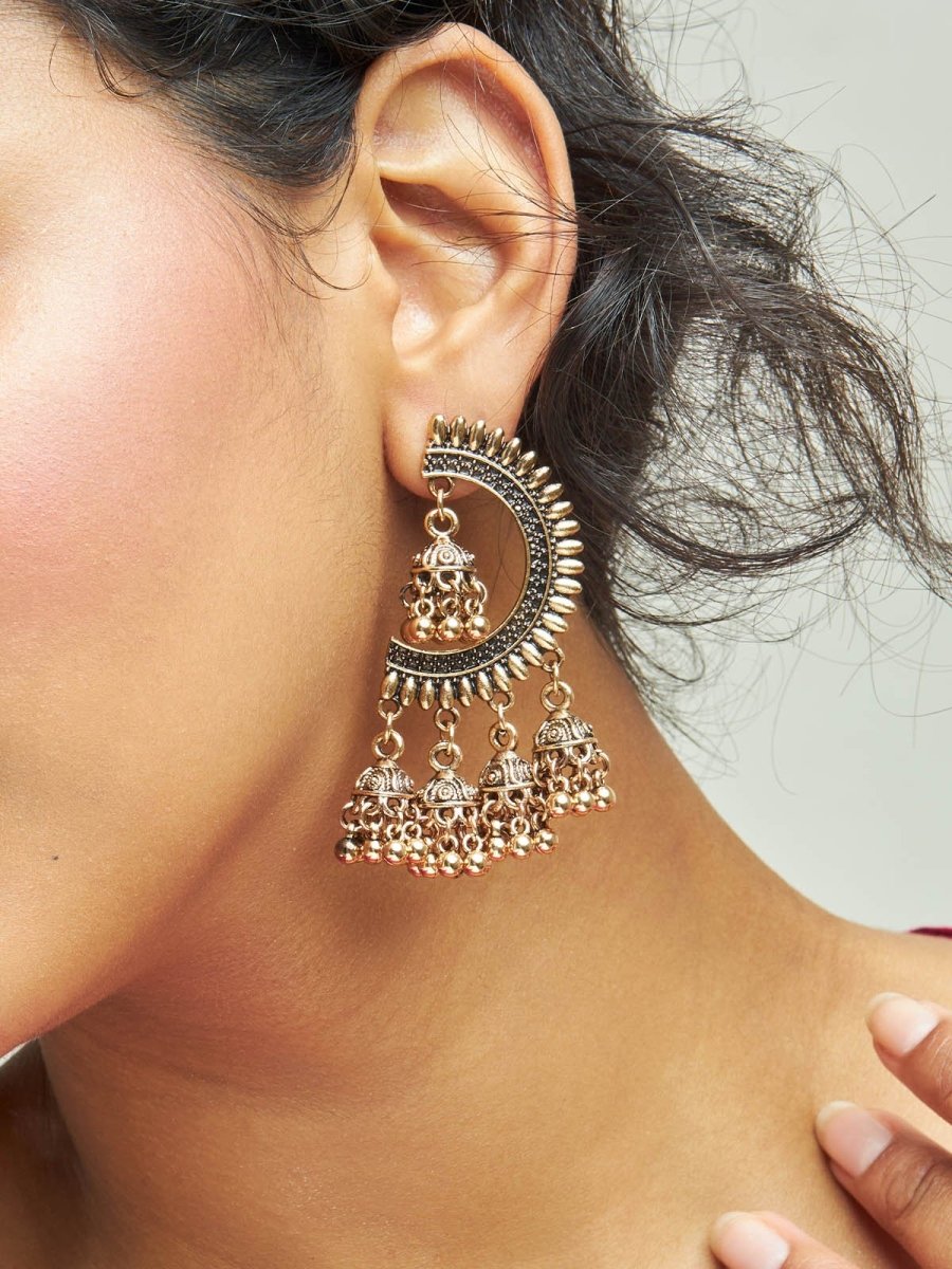 Beruzu - Antique Elegance Floral Half-Circle Jhumki Earrings in Gold and Silver Finish - Beruzu Fashion