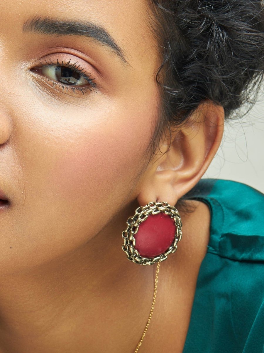 Beruzu - Antique Globe-Edge Circular Earrings with Enamel Accents in Green and Red - Beruzu Fashion