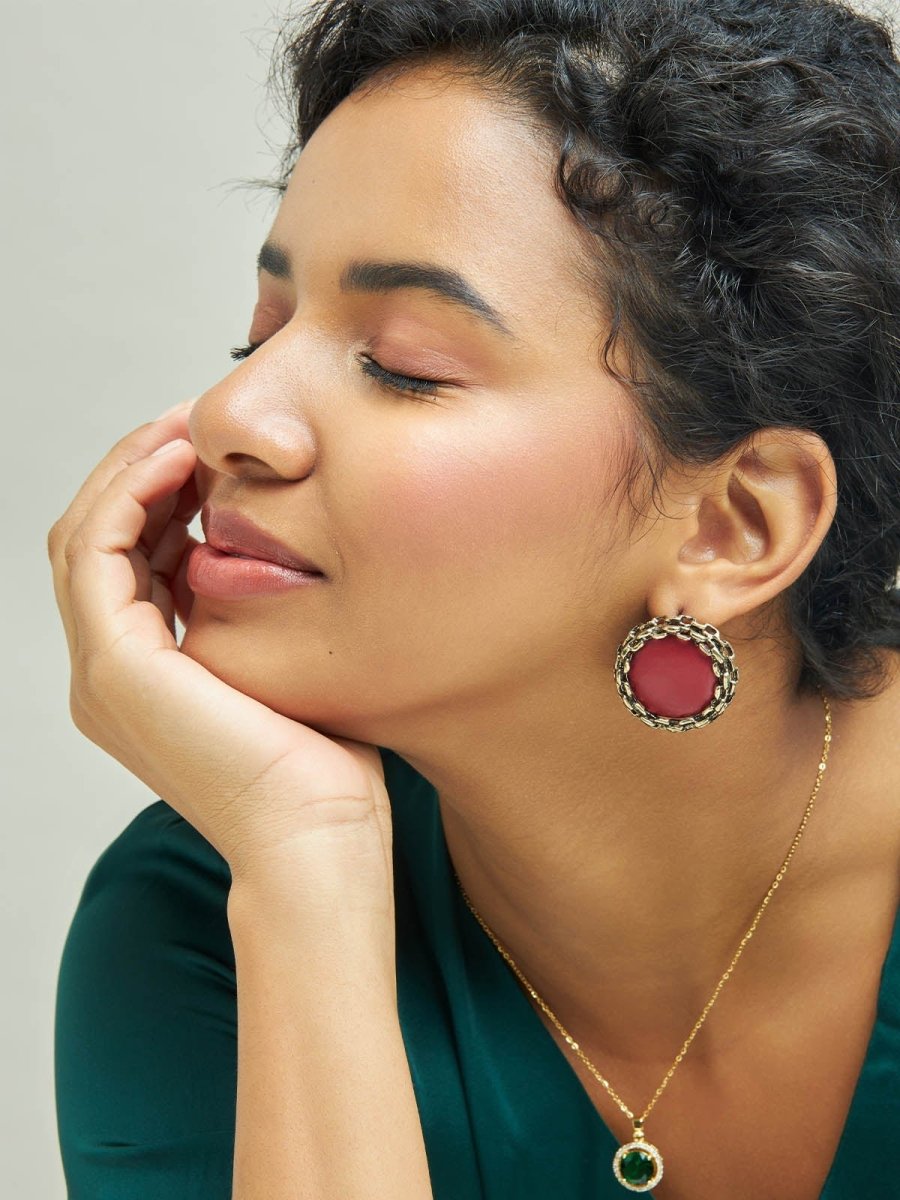 Beruzu - Antique Globe-Edge Circular Earrings with Enamel Accents in Green and Red - Beruzu Fashion