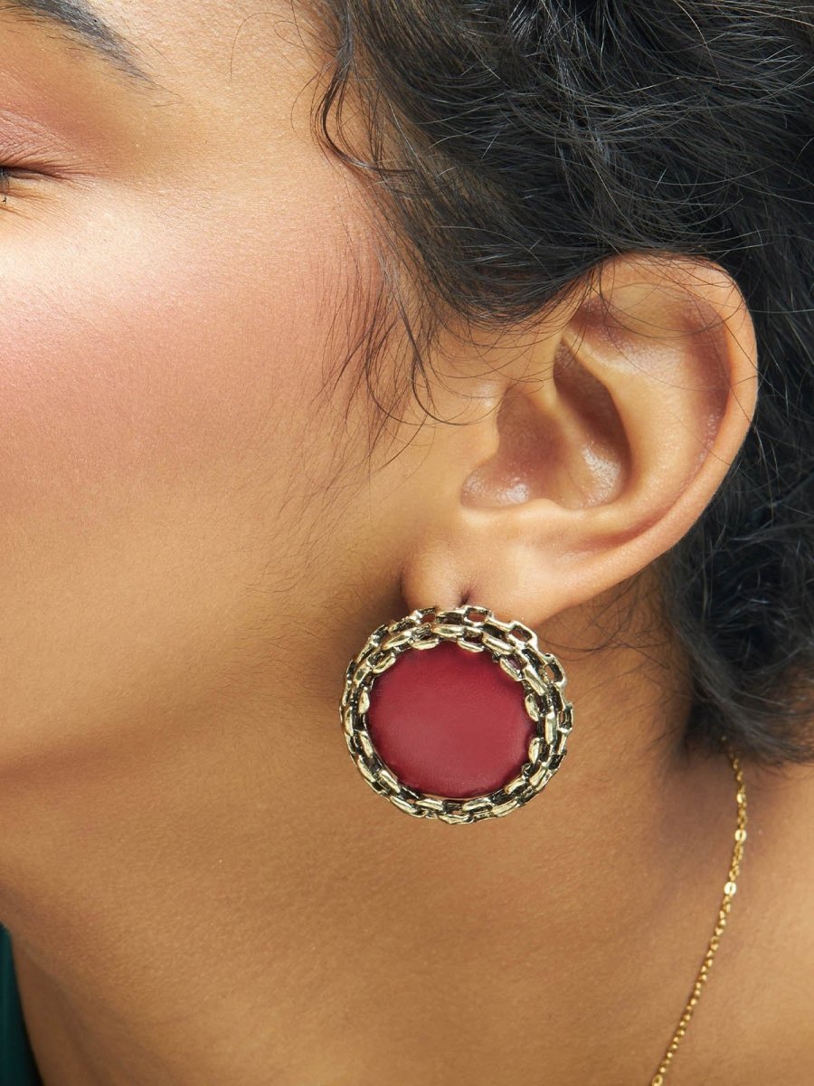 Beruzu - Antique Globe-Edge Circular Earrings with Enamel Accents in Green and Red - Beruzu Fashion