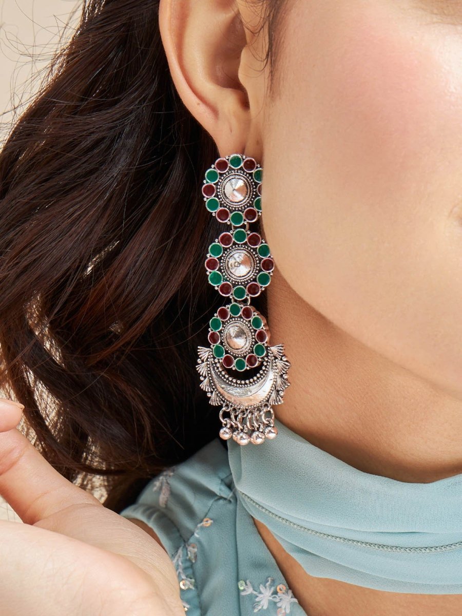 Beruzu - Antique Silver Floral Cascade Earrings with Enamel Details - Beruzu Fashion