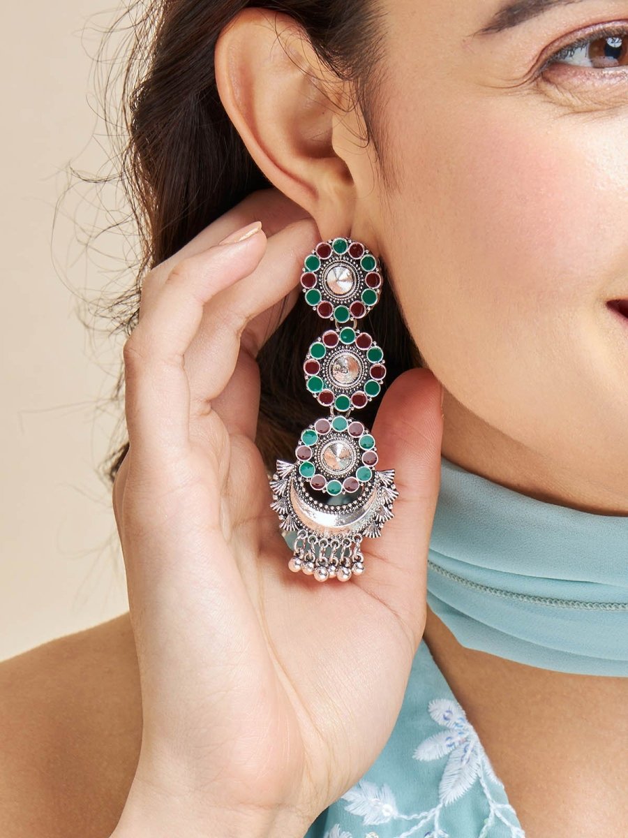 Beruzu - Antique Silver Floral Cascade Earrings with Enamel Details - Beruzu Fashion