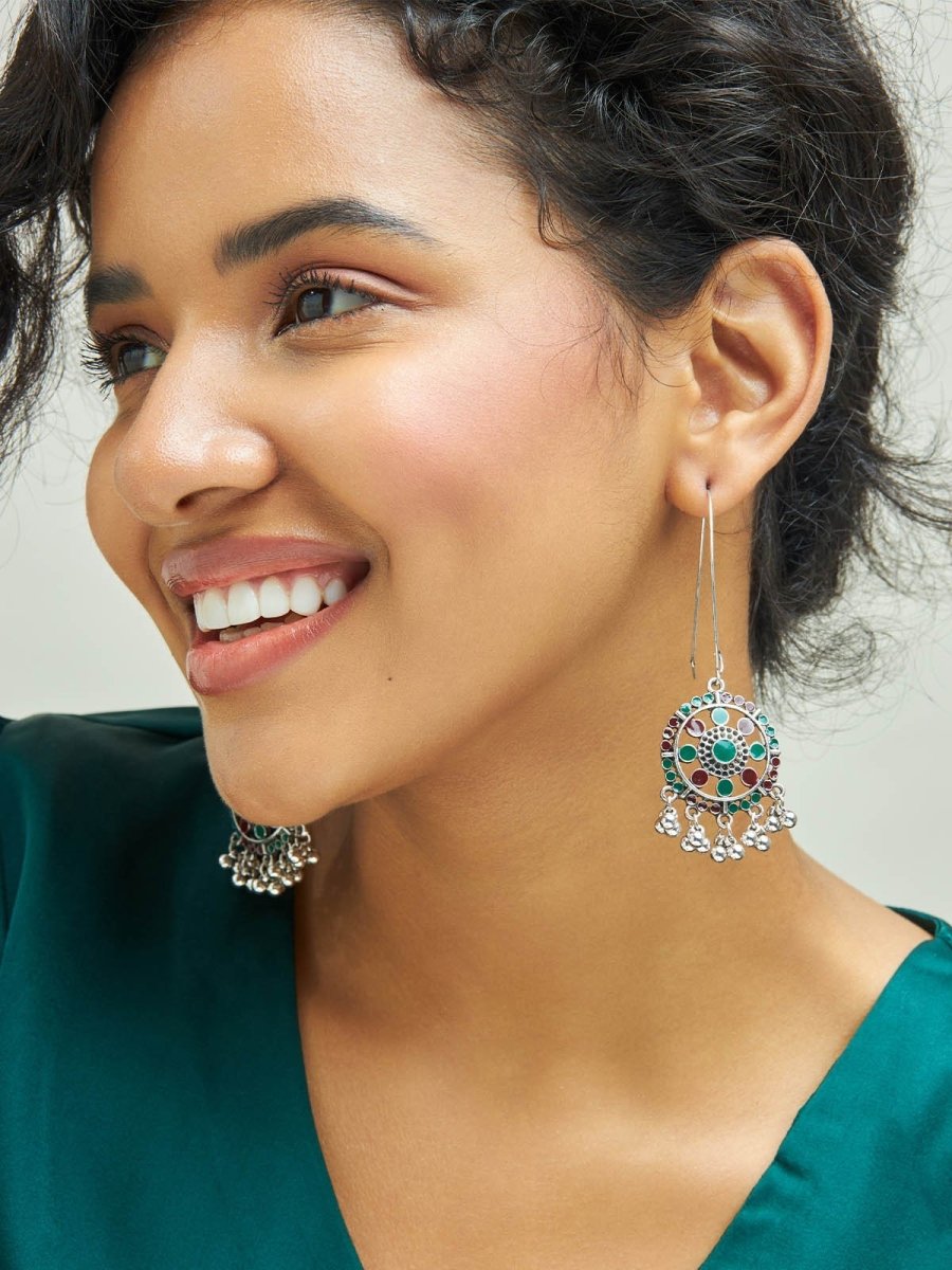 Beruzu - Antique Silver Rangoli-Inspired Earrings with Enamel and Charm Accents - Beruzu Fashion