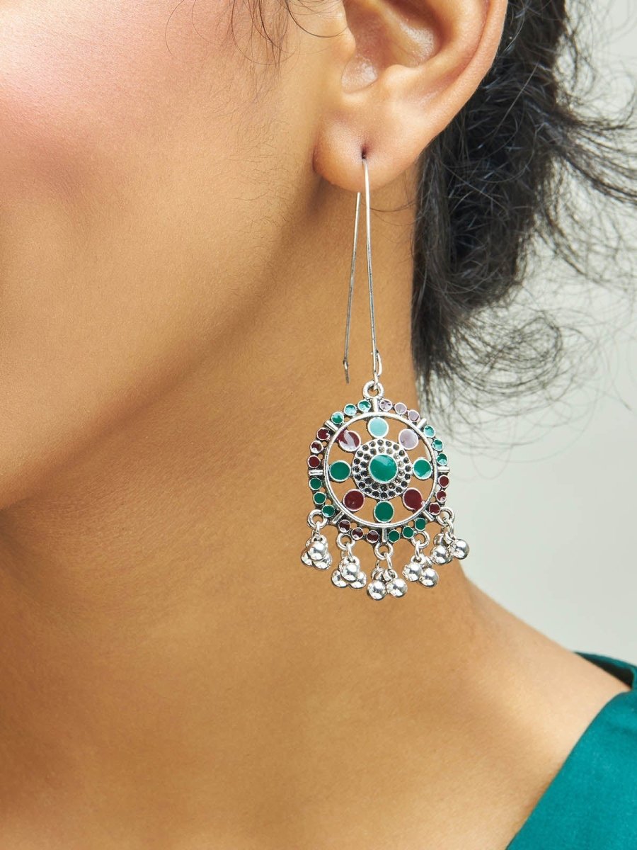 Beruzu - Antique Silver Rangoli-Inspired Earrings with Enamel and Charm Accents - Beruzu Fashion