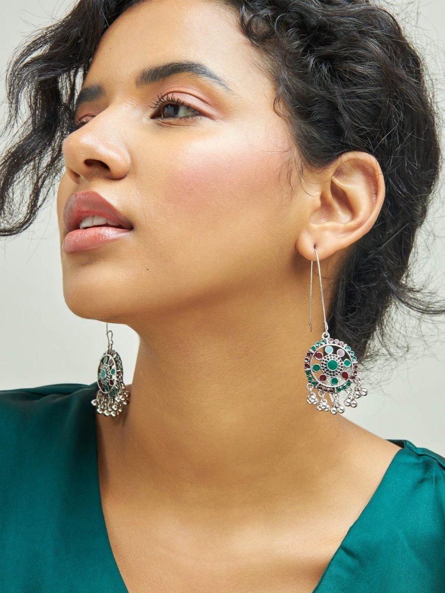 Beruzu - Antique Silver Rangoli-Inspired Earrings with Enamel and Charm Accents - Beruzu Fashion