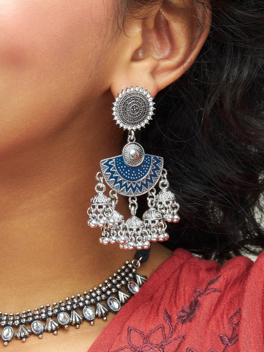 Beruzu - Antique Silver Rangoli-Inspired Earrings with Sun Motif and Jhumki Drops - Beruzu Fashion